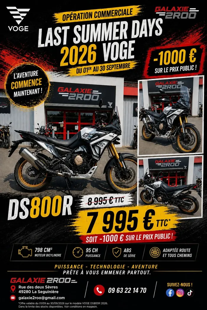 Affiche Last Summer Days 2026 : Voge 800 Rally à 7 995 € TTC au lieu de 8 995 €, Galaxie 2 Roo Cholet